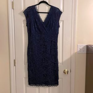Marina Navy Layered Lace and Beads Sheath Dress